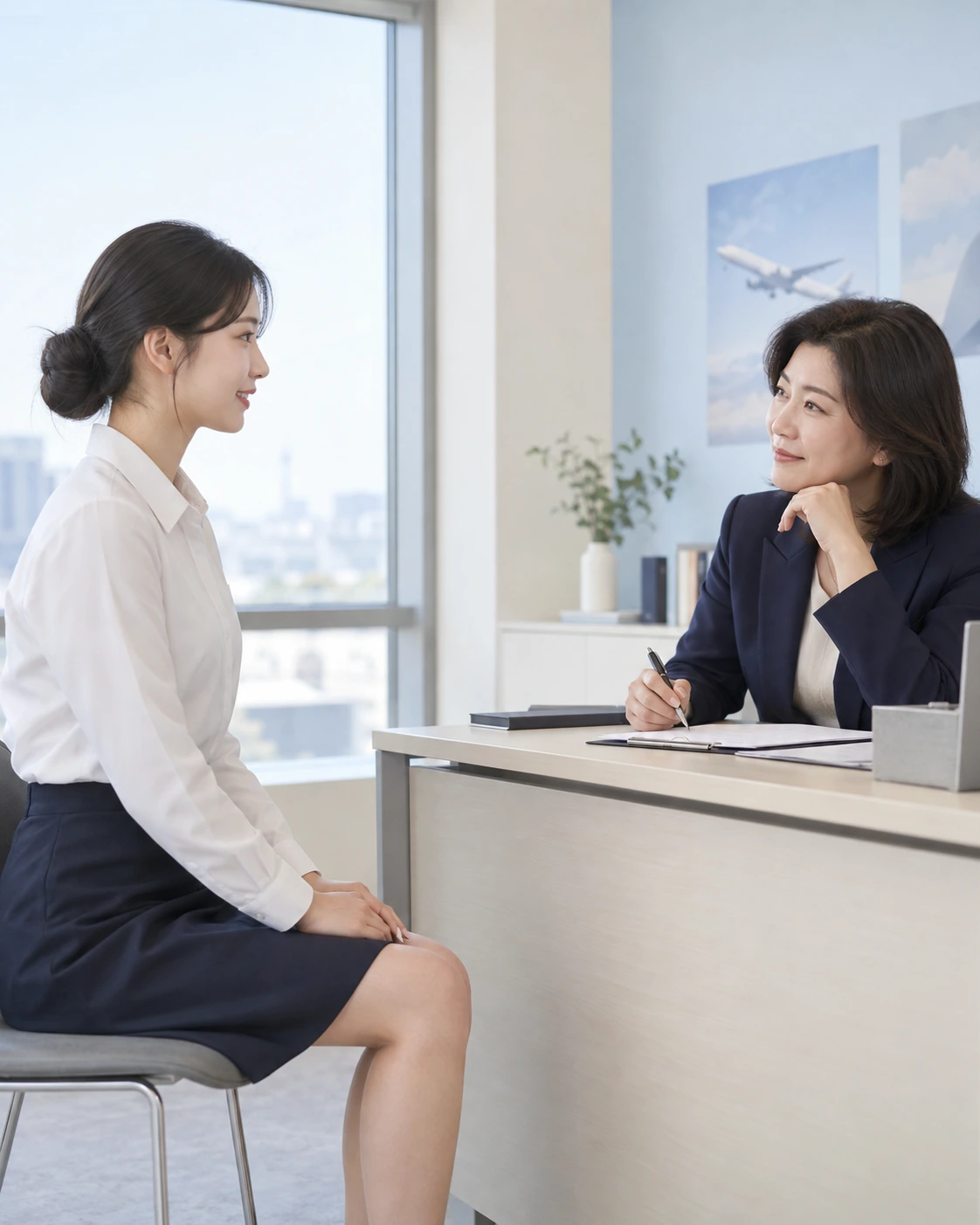 면접 연습 중 학생의 답변을 듣고 평가 내용을 기록하는 교육진의 연출 이미지